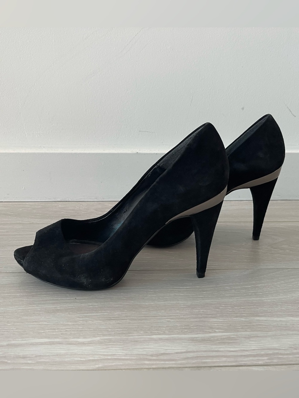 Zara Black Genuine Suede Peep-Toe Heels with Chrome Heel Band Size 40